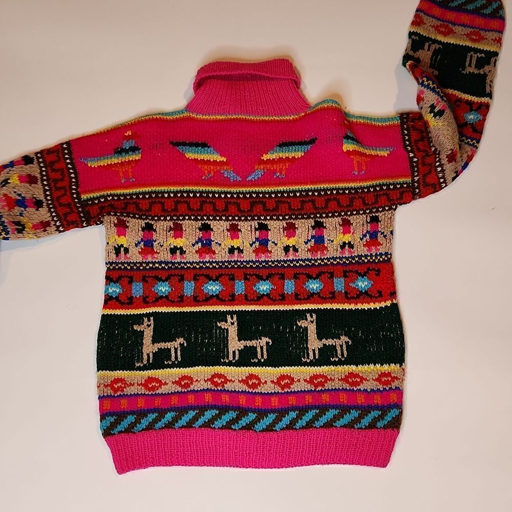 True Vintage Knit Alpaca Print Sweater Women’s M Bright Colorful Pattern Pullove - Picture 2 of 7